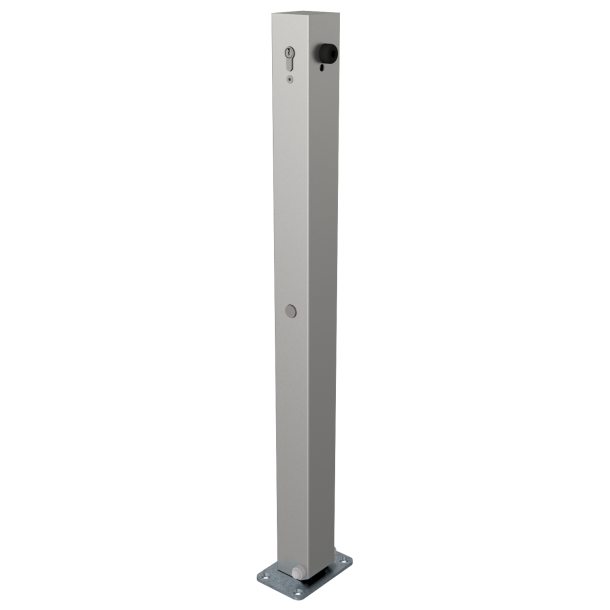 Stainless steel post | 70 x 70 mm | foldable, self-engaging lockto be fixed by plugs, with base plate 100 x 150 mmhot-dip galvanized | with Euro profile cylinder lock and three keys | without eyelet
